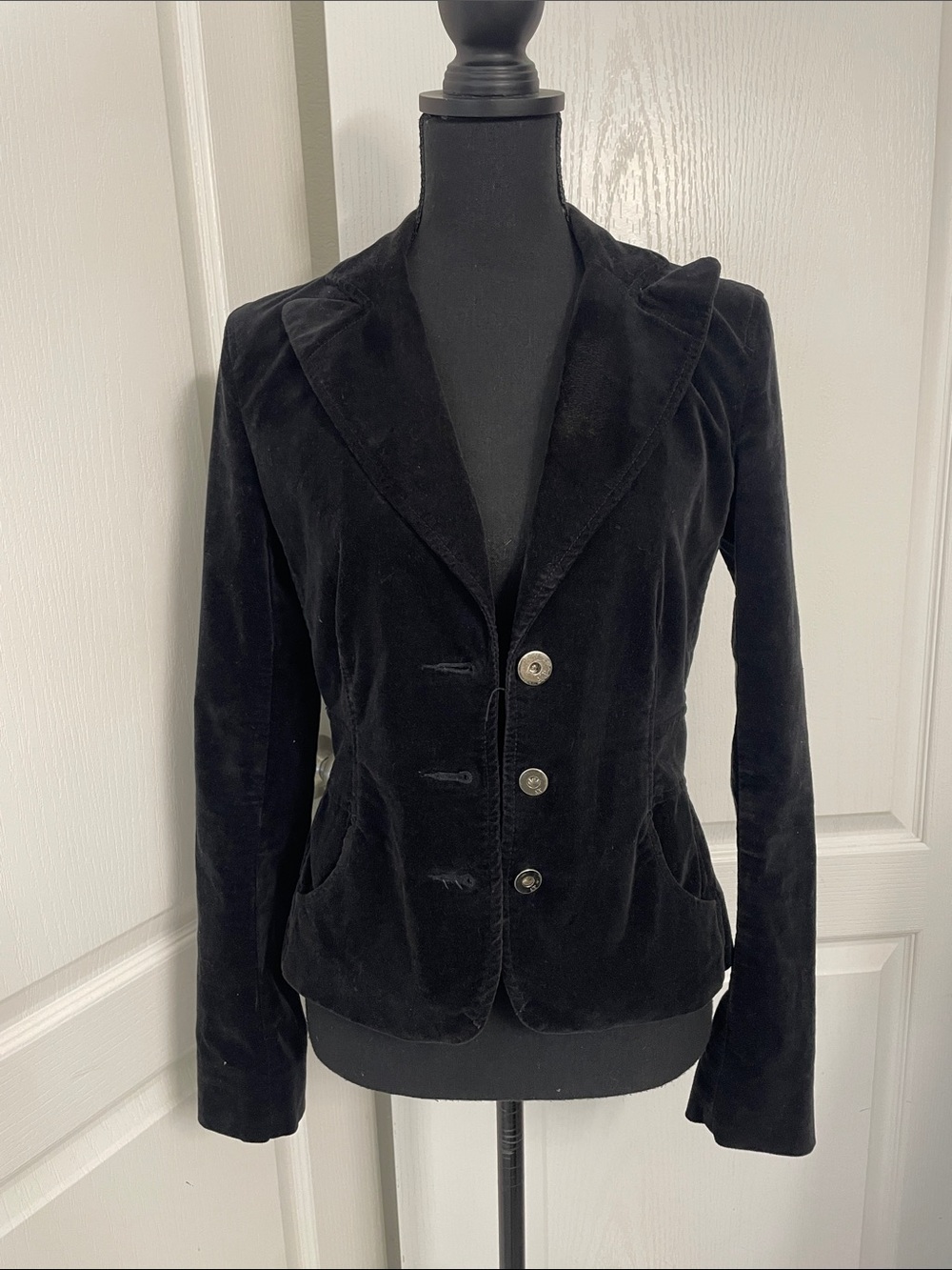 Armani Exchange black velvet blazer jacket M fitted peplum fits S
